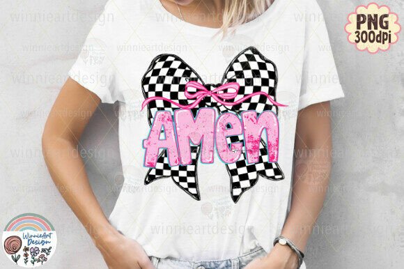 Graphics for T‑Shirt Designs: Amen Coquette Checkered Bow Christian